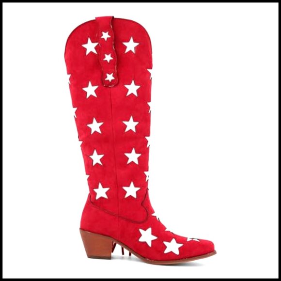 Western Knee High Boots with Stars Fringe Pull On Faux Suede Block Heel - Picture 4 of 7